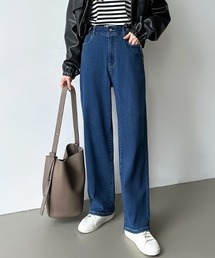 【楽 革 命】ストレッチ抜群! 楽革命デニムパンツ ウエスト調整ボタンつき デニムパンツ ストレート ハイウエスト デニム ワイドパンツ ワイドデニムパンツ