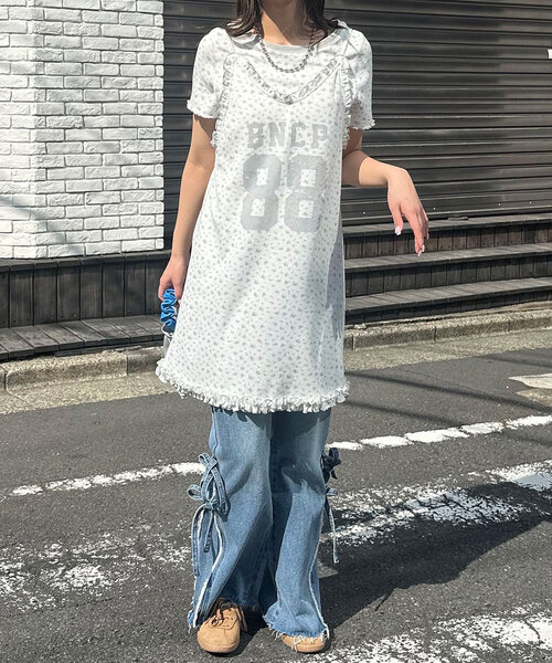 セール】Tee付きフラワーワッフルチュニックキャミワンピース