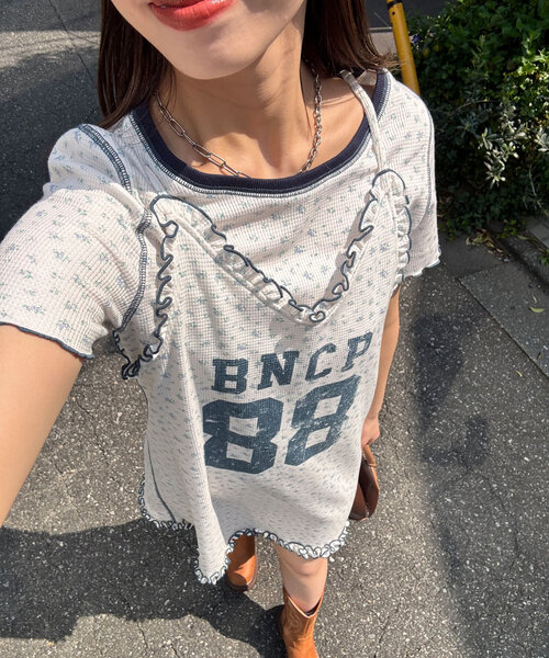 CIAOPANIC（チャオパニック）の「Tee付きフラワーワッフルチュニックキャミワンピース（ワンピース・レディース・ブルー/オフホワイト/ベージュ/グリーン/グリーン系その他/ブルー系その他/ホワイト系その他/ベージュ系その他/アイボリー/ネイビー・ONE SIZE）」の5枚目の写真