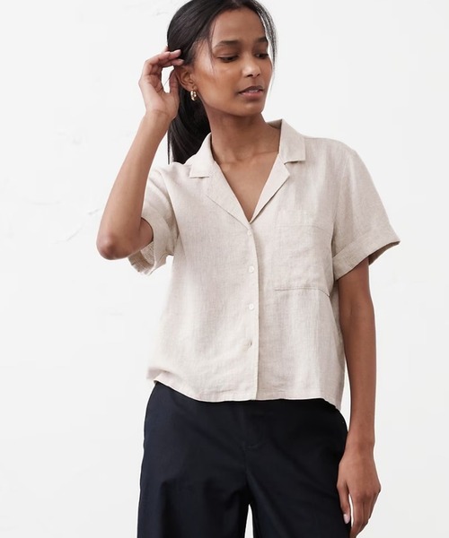 「BANANA REPUBLIC FACTORY STORE」 半袖ブラウス X-SMALL ブラウン レディース セール】BANANA REPUBLIC FACTORY STORE リネンブレンド半袖