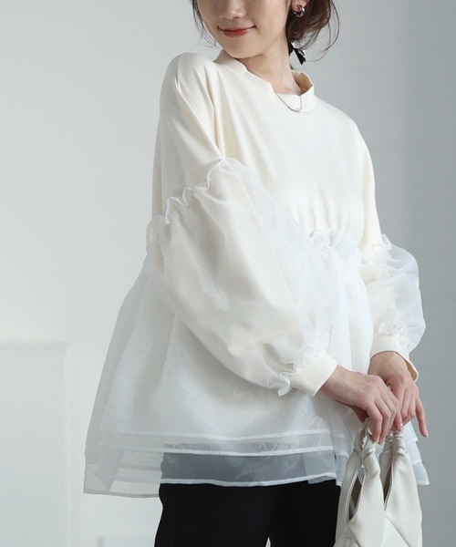 Sawa a la mode（サワアラモード）の「オーガンジー切り替えトップス（Tシャツ/カットソー・レディース・ブラック/ホワイト系その他・FREE）」の2枚目の写真