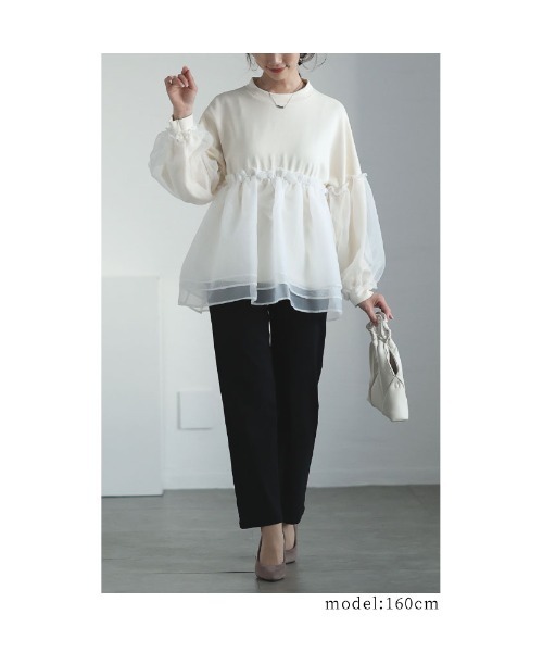 Sawa a la mode（サワアラモード）の「オーガンジー切り替えトップス（Tシャツ/カットソー・レディース・ブラック/ホワイト系その他・FREE）」の4枚目の写真