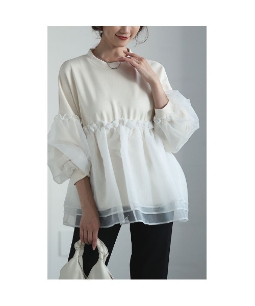 Sawa a la mode（サワアラモード）の「オーガンジー切り替えトップス（Tシャツ/カットソー・レディース・ブラック/ホワイト系その他・FREE）」の6枚目の写真