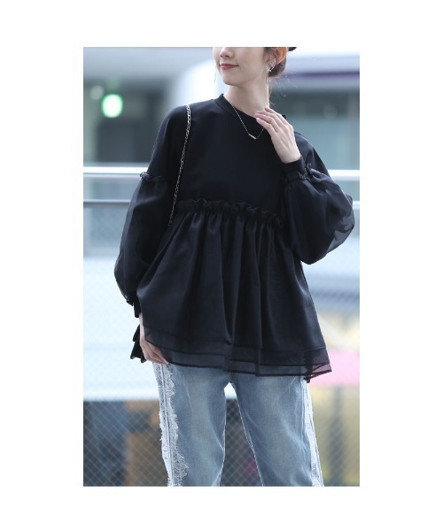 Sawa a la mode（サワアラモード）の「オーガンジー切り替えトップス（Tシャツ/カットソー・レディース・ブラック/ホワイト系その他・FREE）」の14枚目の写真