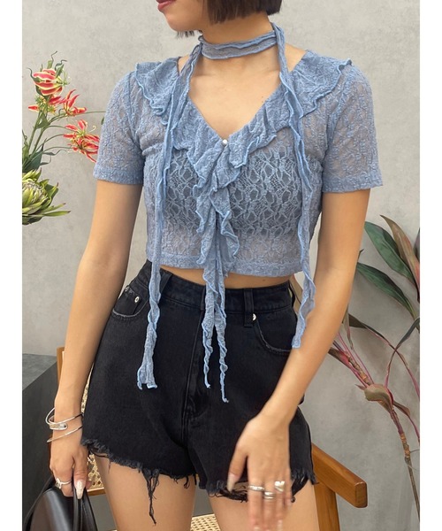 EVRIS（エヴリス）の「チョーカーレーストップス（Tシャツ/カットソー・レディース・イエロー/ブラック/ホワイト/ブルー・FREE）」の10枚目の写真