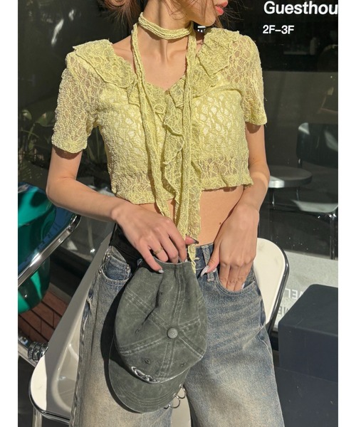 EVRIS（エヴリス）の「チョーカーレーストップス（Tシャツ/カットソー・レディース・イエロー/ブラック/ホワイト/ブルー・FREE）」の6枚目の写真