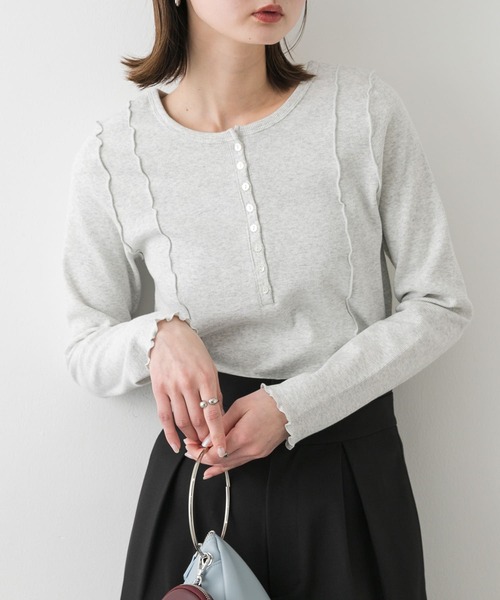 SENSE OF PLACE by URBAN RESEARCH（センスオブプレイスバイアーバンリサーチ）の「ヘンリーネックリブトップ（Tシャツ/カットソー・レディース・オートミール/ネイビー/ピンク・ONE）」の2枚目の写真