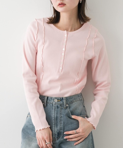 SENSE OF PLACE by URBAN RESEARCH（センスオブプレイスバイアーバンリサーチ）の「ヘンリーネックリブトップ（Tシャツ/カットソー・レディース・オートミール/ネイビー/ピンク・ONE）」の3枚目の写真