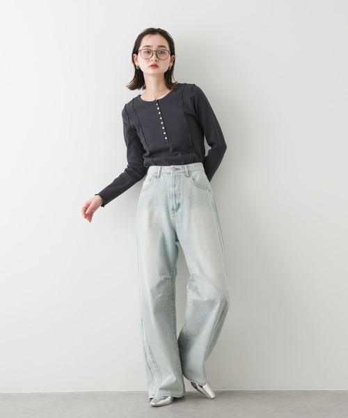 SENSE OF PLACE by URBAN RESEARCH（センスオブプレイスバイアーバンリサーチ）の「ヘンリーネックリブトップ（Tシャツ/カットソー・レディース・オートミール/ネイビー/ピンク・ONE）」の18枚目の写真