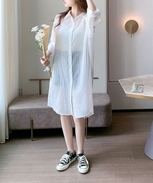 ロールアップ袖ストライプ柄シースルーシャツ