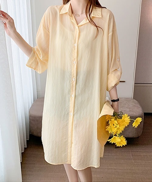 セール】ロールアップ袖ストライプ柄シースルーシャツ(Tシャツ セール】ロールアップ袖ストライプ柄シースルーシャツ(Tシャツ