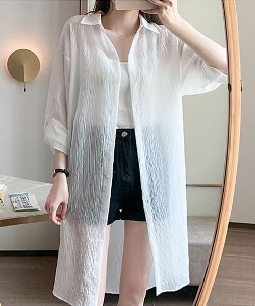 Pittok(ピットク)の「ロールアップ袖ストライプ柄シースルーシャツ(Tシャツ/カットソー・レディース・ミント/イエロー/ホワイト・MEDIUM)」の4枚目の写真