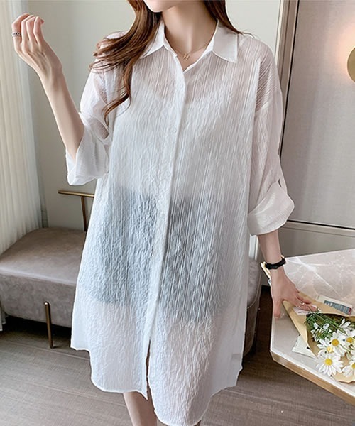 Pittok(ピットク)の「ロールアップ袖ストライプ柄シースルーシャツ(Tシャツ/カットソー・レディース・ミント/イエロー/ホワイト・MEDIUM)」の5枚目の写真