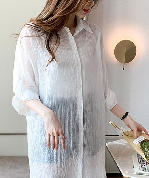 Pittok(ピットク)の「ロールアップ袖ストライプ柄シースルーシャツ(Tシャツ/カットソー・レディース・ミント/イエロー/ホワイト・MEDIUM)」の6枚目の写真