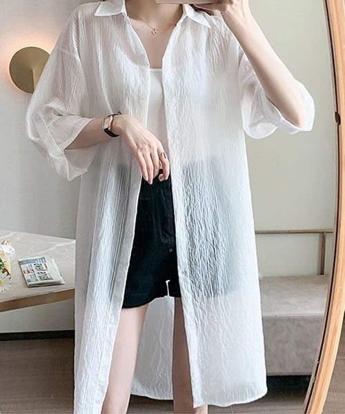 Pittok(ピットク)の「ロールアップ袖ストライプ柄シースルーシャツ(Tシャツ/カットソー・レディース・ミント/イエロー/ホワイト・MEDIUM)」の7枚目の写真
