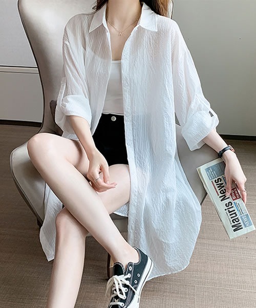 Pittok(ピットク)の「ロールアップ袖ストライプ柄シースルーシャツ(Tシャツ/カットソー・レディース・ミント/イエロー/ホワイト・MEDIUM)」の9枚目の写真