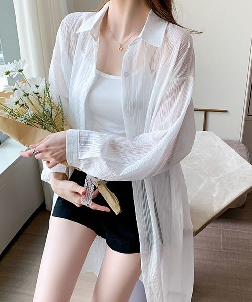 Pittok(ピットク)の「ロールアップ袖ストライプ柄シースルーシャツ(Tシャツ/カットソー・レディース・ミント/イエロー/ホワイト・MEDIUM)」の10枚目の写真