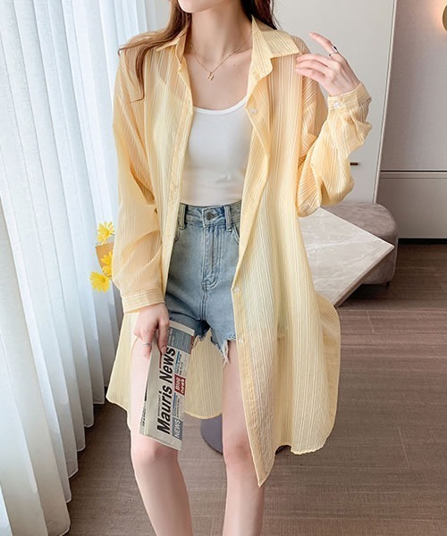 セール】ロールアップ袖ストライプ柄シースルーシャツ(Tシャツ セール】ロールアップ袖ストライプ柄シースルーシャツ(Tシャツ
