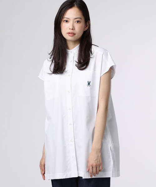 Psycho Bunny（サイコバニー）の「[WOMEN]フレンチスリーブ バンドカラーシャツ（シャツ/ブラウス・レディース・ネイビー/ホワイト・FREE）」の2枚目の写真