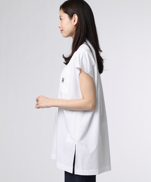Psycho Bunny（サイコバニー）の「[WOMEN]フレンチスリーブ バンドカラーシャツ（シャツ/ブラウス・レディース・ネイビー/ホワイト・FREE）」の3枚目の写真