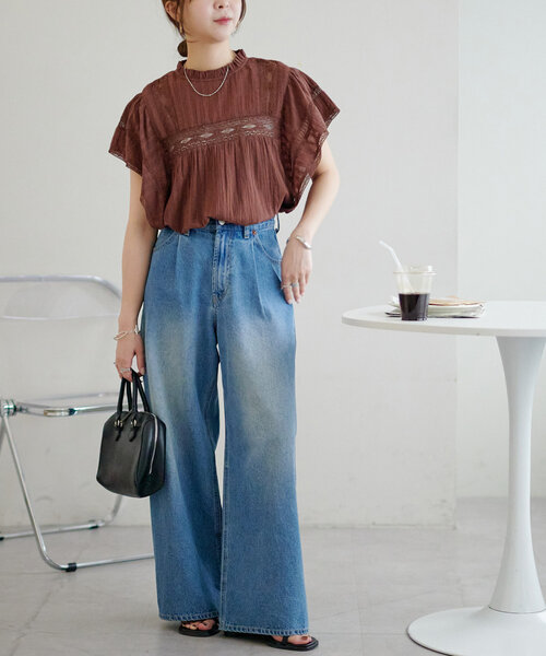 ライトデニムクラッシュワイドパンツ　ディスコート ライトデニムクラッシュワイドパンツ ディスコート - メルカリ