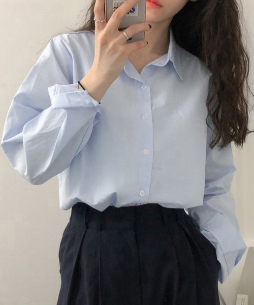 Miniministore(ミニミニストア)の「薄手シャツブラウス長袖レディース襟シャツ(シャツ/ブラウス・レディース・カーキ/ブルー/ミント/ホワイト/ベージュ/ピンク・FREE)」の1枚目の写真