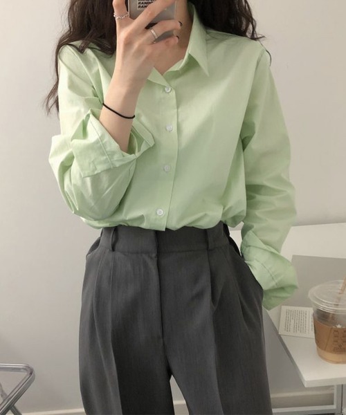 Miniministore(ミニミニストア)の「薄手シャツブラウス長袖レディース襟シャツ(シャツ/ブラウス・レディース・カーキ/ブルー/ミント/ホワイト/ベージュ/ピンク・FREE)」の5枚目の写真