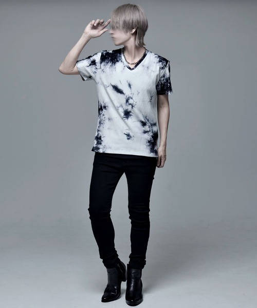 SILVER BULLET（シルバーバレット）の「『Bernings Sho/バーニングショー』ムラ染めテレコ半袖VネックTシャツ（Tシャツ/カットソー・メンズ・ブラック×ベージュ/ホワイト×ブラック・L/XL/M）」の5枚目の写真