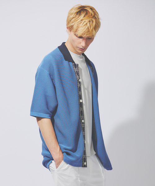 DESIGNWORKS(デザインワークス)の「ワークパターン ニット 半袖シャツ / カーディガン(シャツ/ブラウス・メンズ・ブラック/サックスブルー・46/48)」の13枚目の写真
