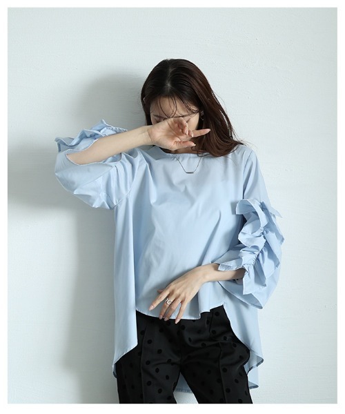 Sawa a la mode（サワアラモード）の「袖フリルフィッシュテールブラウス（シャツ/ブラウス・レディース・ホワイト/ブルー・FREE）」の12枚目の写真