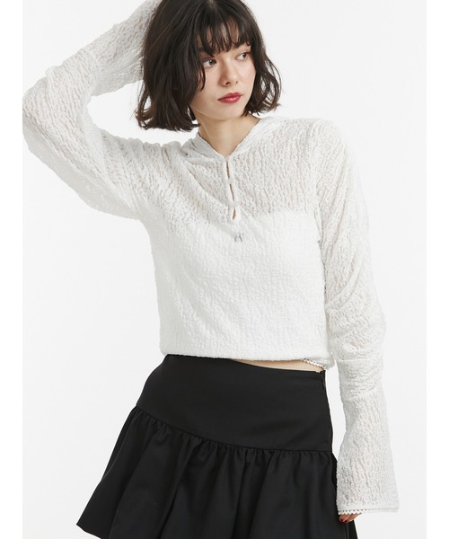 jouetie(ジュエティ)の「ギャザースリーブレースフーディ(Tシャツ/カットソー・レディース・ブラック/ライトブルー/オフホワイト・MEDIUM)」の1枚目の写真