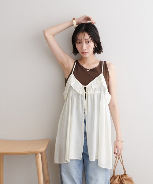 DISCOAT（ディスコート）の「●リボンフリルキャミチュニック（チュニック・レディース・ブラック/ブラウン/オフホワイト・FREE）」の6枚目の写真