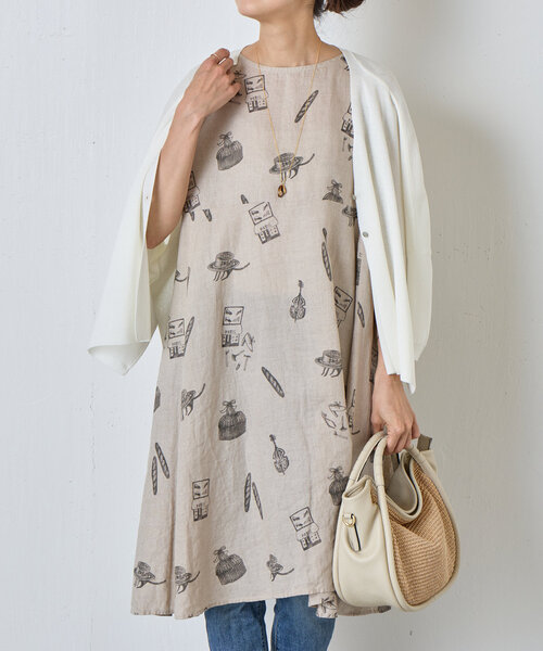 BEARDSLEY リネン フレアラインワンピース Mベージュ 美品 BEARDSLEY（ビアズリー）の「リネンフレアワンピース