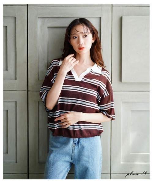 Sawa a la mode（サワアラモード）の「シアーポロニットプルオーバー（Tシャツ/カットソー・レディース・ブラック/ブラウン系その他・FREE）」の4枚目の写真