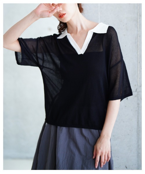 Sawa a la mode（サワアラモード）の「シアーポロニットプルオーバー（Tシャツ/カットソー・レディース・ブラック/ブラウン系その他・FREE）」の19枚目の写真
