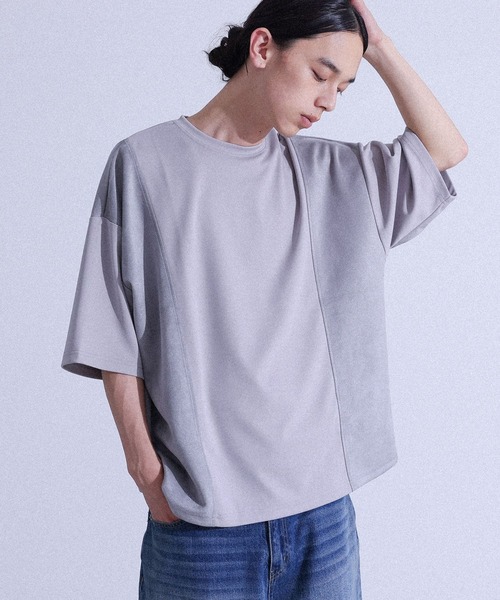 MDR(エムディアール)の「フェイクスエード切替半袖Tシャツ(Tシャツ/カットソー・メンズ・グレー/ブラック・L/M)」の1枚目の写真