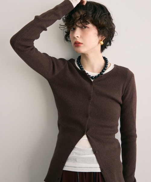 Rene✨グレー 長袖カーディガン 36 リボン クルーネック ベロア ボタン