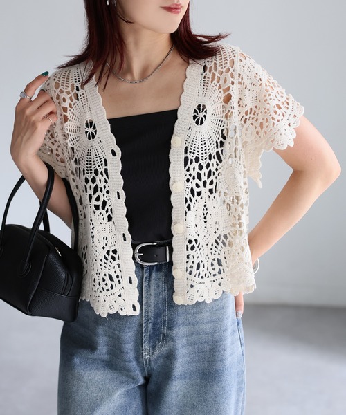 かぎ針編み半袖クロシェカーデ（カーディガン/ボレロ）｜Riberry