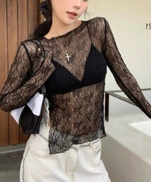 【Y2Kガーリー】レトロレース透け感長袖クルーネックTシャツ