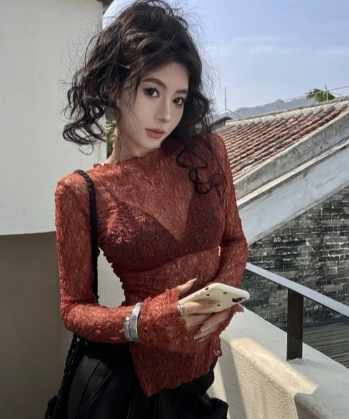 gossip！ロサンゼルス（ゴシップロサンゼルス）の「【Y2Kガーリー】レトロレース透け感長袖クルーネックTシャツ（シャツ/ブラウス・レディース・オフホワイト/ブラウン/ブラック・FREE）」の14枚目の写真