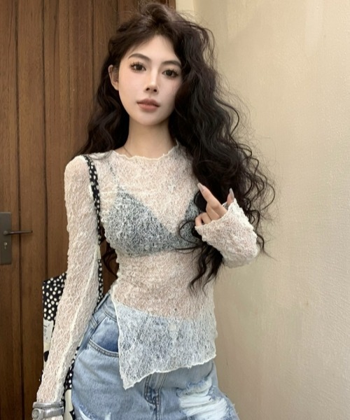 gossip！ロサンゼルス（ゴシップロサンゼルス）の「【Y2Kガーリー】レトロレース透け感長袖クルーネックTシャツ（シャツ/ブラウス・レディース・オフホワイト/ブラウン/ブラック・FREE）」の7枚目の写真