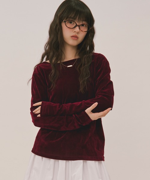 loin nuit（ロワンニュイ）の「velours long sleeve tops / ベロアロングスリーブトップス（Tシャツ/カットソー・レディース・グレー/アイボリー/ピンク/ブラック/ボルドー/ブラウン・FREE）」の6枚目の写真