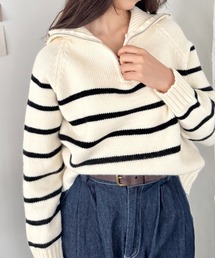 ハーフジップ」に該当するニット/セーター（ボーダー柄