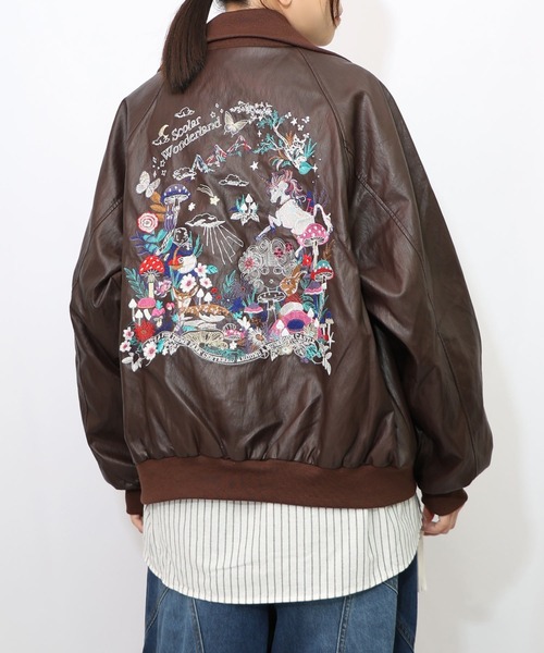 セール】153635：スカラーとキノコ刺繍 合皮ブルゾン（ブルゾン