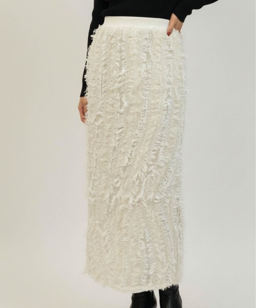 Per sist ence（パーシエンス）の「MIXフリンジニットスカート（スカート・レディース・ネイビー/ブラウン/ベージュ系/アイボリー/ブラック/グレー・ONE SIZE）」の2枚目の写真