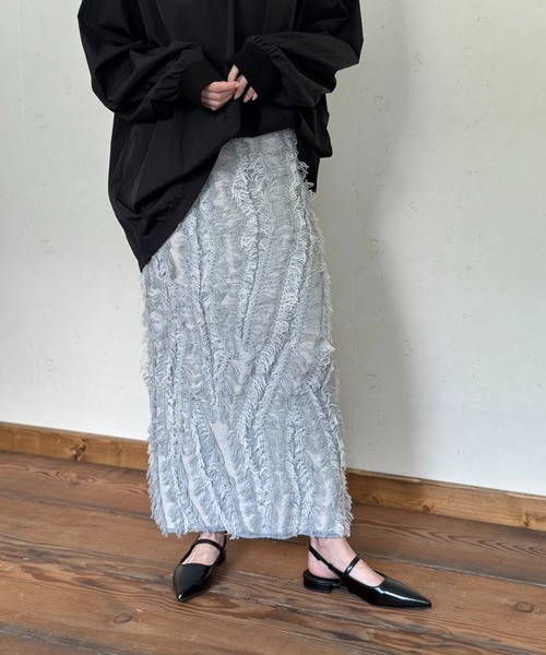 Per sist ence（パーシエンス）の「MIXフリンジニットスカート（スカート・レディース・ネイビー/ブラウン/ベージュ系/アイボリー/ブラック/グレー・ONE SIZE）」の10枚目の写真