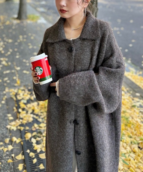 wool blend knit long coat /ウールブレンドシングルロングニット