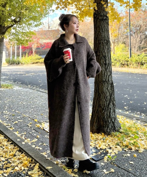 LAULEN(ローレン)の「wool blend knit long coat /ウールブレンドシングルロングニットコート(ステンカラーコート・レディース・グレー/ブラウン/カーキ・FREE)」の4枚目の写真