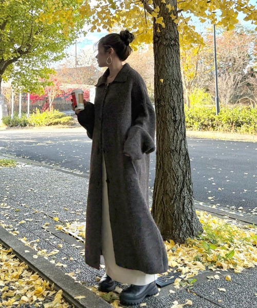 LAULEN(ローレン)の「wool blend knit long coat /ウールブレンドシングルロングニットコート(ステンカラーコート・レディース・グレー/ブラウン/カーキ・FREE)」の5枚目の写真