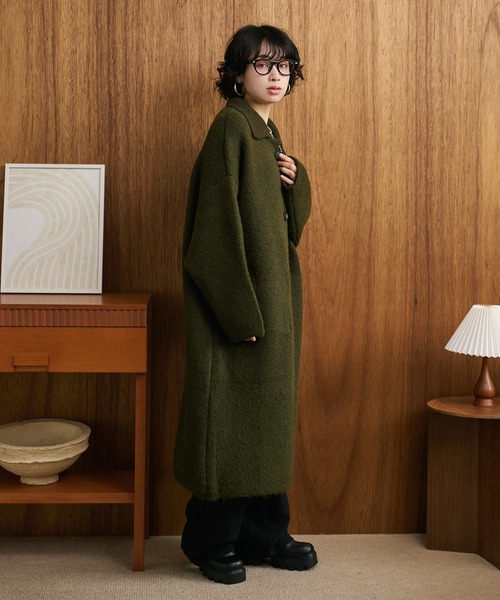 BEARDSLEY 洗えるニットコート　ラクーンニット　オリーブグリーン wool blend knit long coat /ウールブレンドシングルロングニット